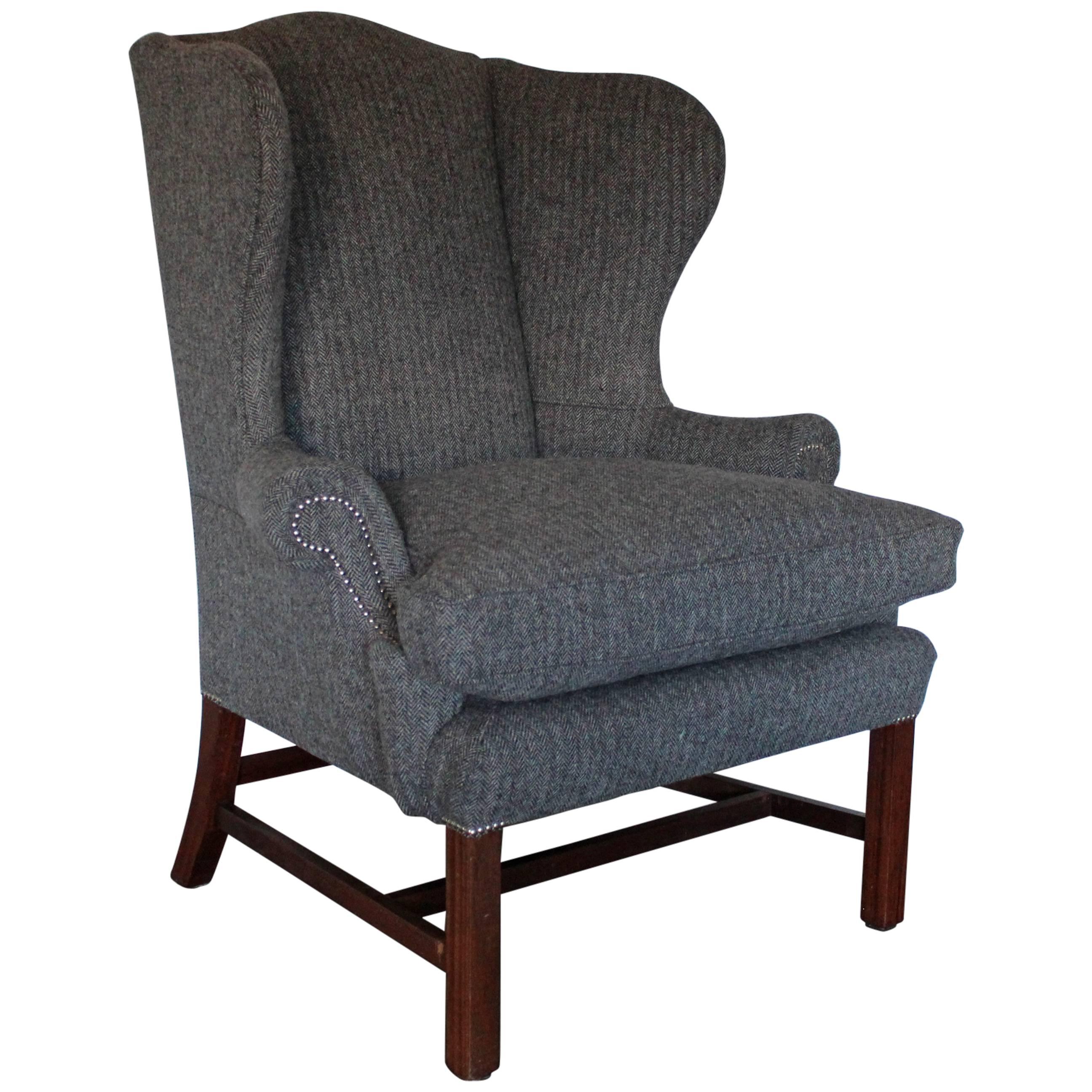 Ralph Lauren “Devonshire” Wingback Armchair in Grey Woollen Herringbone Fabric