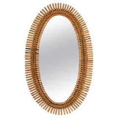 Midcentury Rattan and Bamboo Oval Wall Mirror Franco Albini Style, Italy 1960s