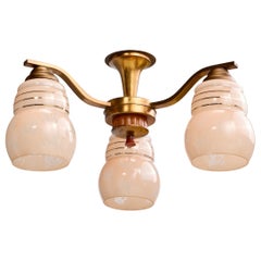 French Designer, Chandelier, Brass, Wood, Glass, France, 1940s