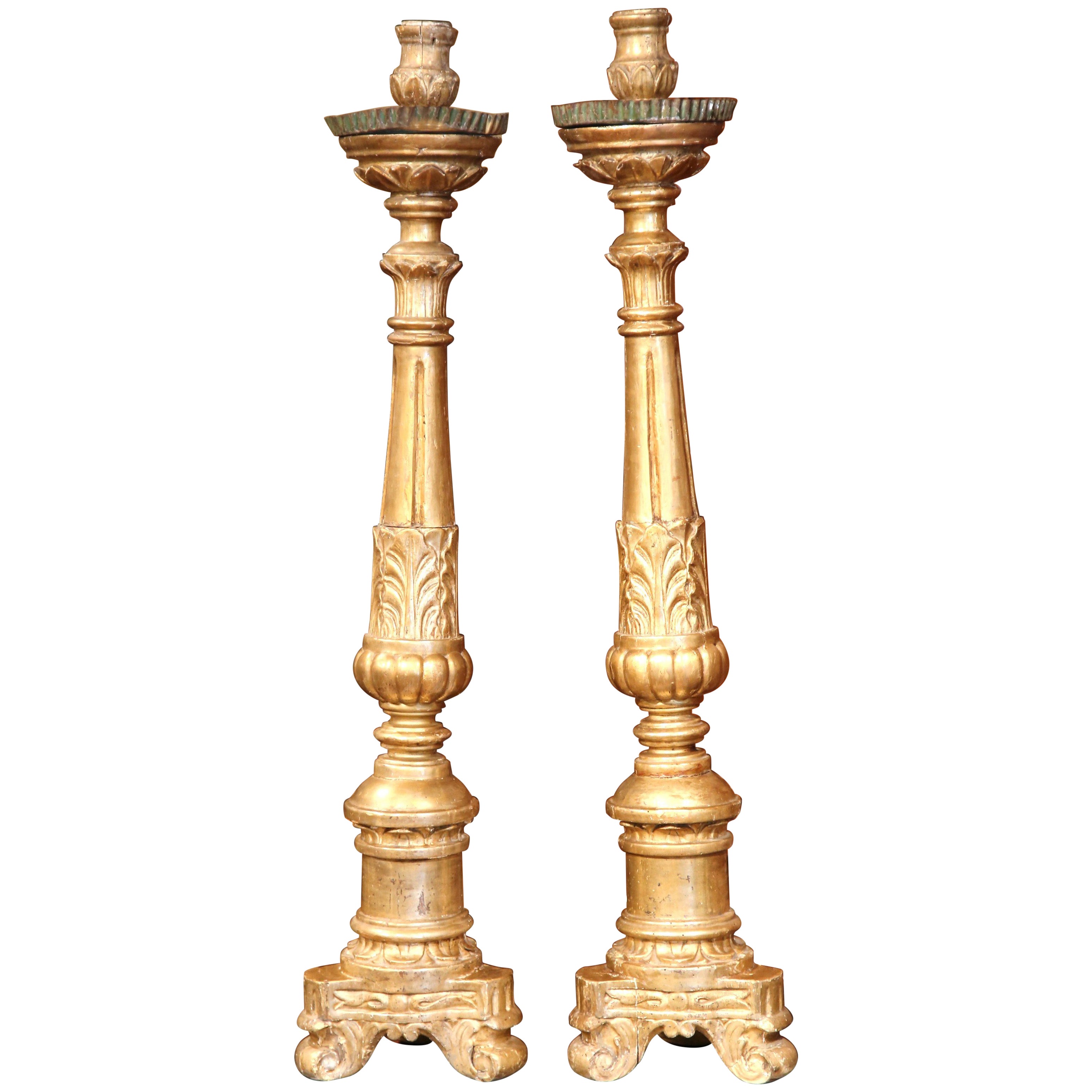 Pair of 18th C. French Louis XV Giltwood Pricket Stands with Tripod Bases For Sale