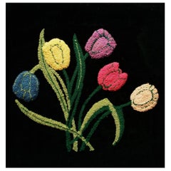 Vintage Hooked Floral Tapestry on Velvet - Hand Made - Canada - Circa 1950's