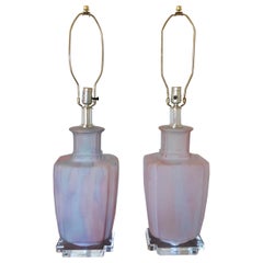 Lampe de table Bauer en verre dépoli rose et bleu, moderne du milieu du siècle dernier