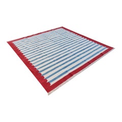 Handmade Cotton Area Flat Weave Rug, 5x8 Blue And Red Striped Indian Dhurrie Rug