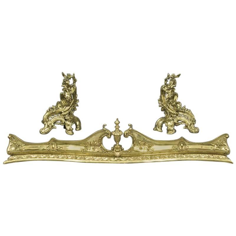 19th Century French Gilt Bronze Fireplace Chenets Andirons with Matching Fender