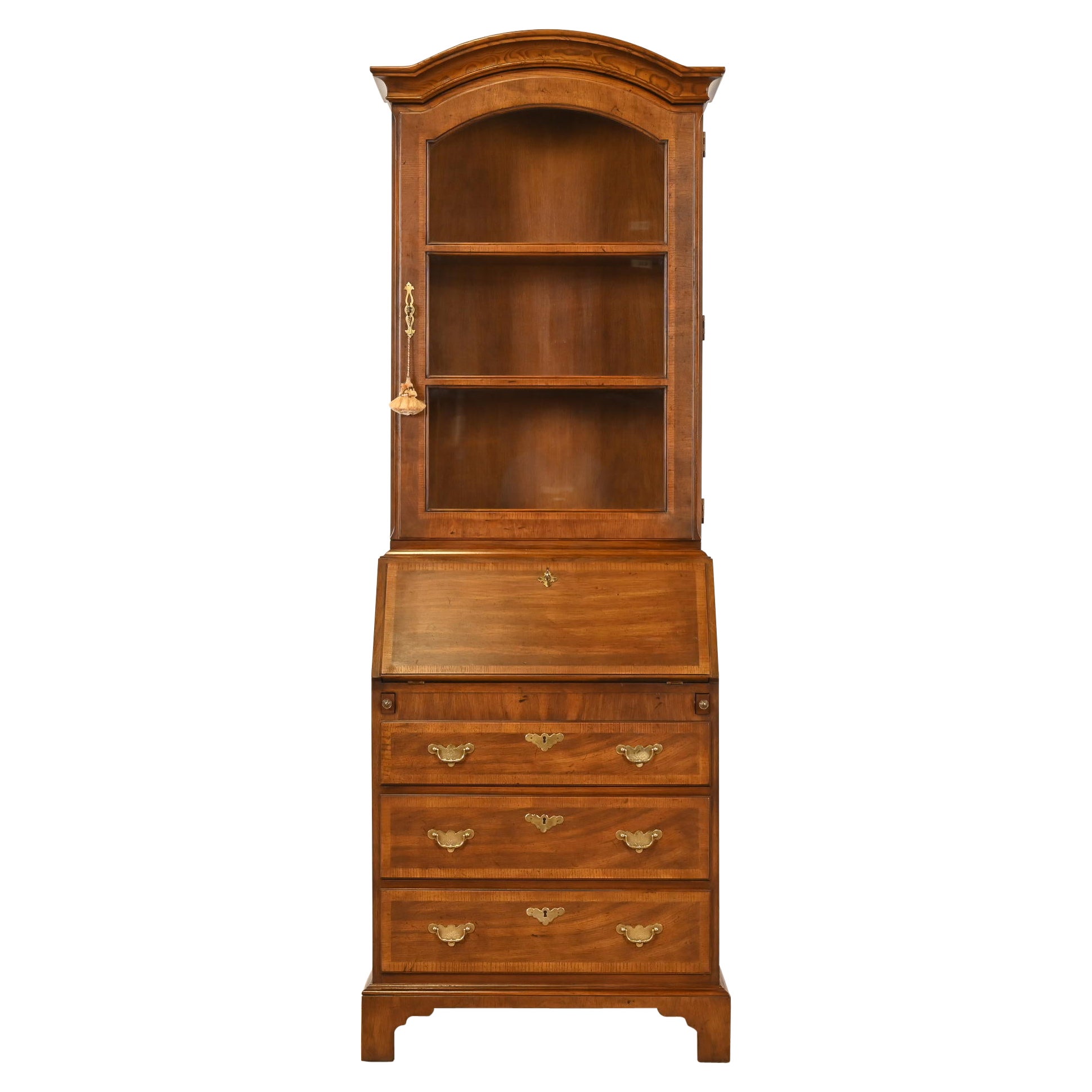 Henredon Georgian Banded Oak Drop Front Secretary Desk With Bookcase Hutch For Sale