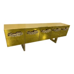 Italian Contemporary Gold Mirror, Brass and Wood Sideboard with Sculpture Handle