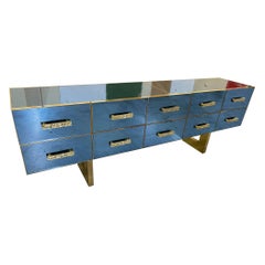 Italian Contemporary Silver Blue Mirror, Brass Wood Sideboard w Sculpture Handle