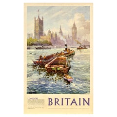 Original Vintage Travel Poster London Britain Palace Of Westminster Big Ben