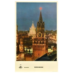 Original Vintage Soviet Union Travel Poster Visit Moscow Intourist USSR Kremlin