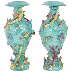 Vintage Huge Pair of Mid-Century Glazed Terracotta Marine Motif Vases