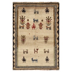 Vintage Gabbeh Persian Rug, Beige with Colorful Animal Pictorials - Rug & Kilim