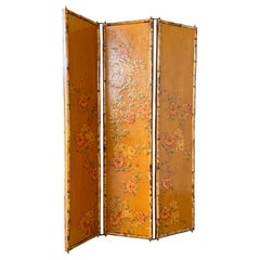 Vintage Chinoiserie Floral Three-Panel Bamboo Screen Room Divider With Cracked L