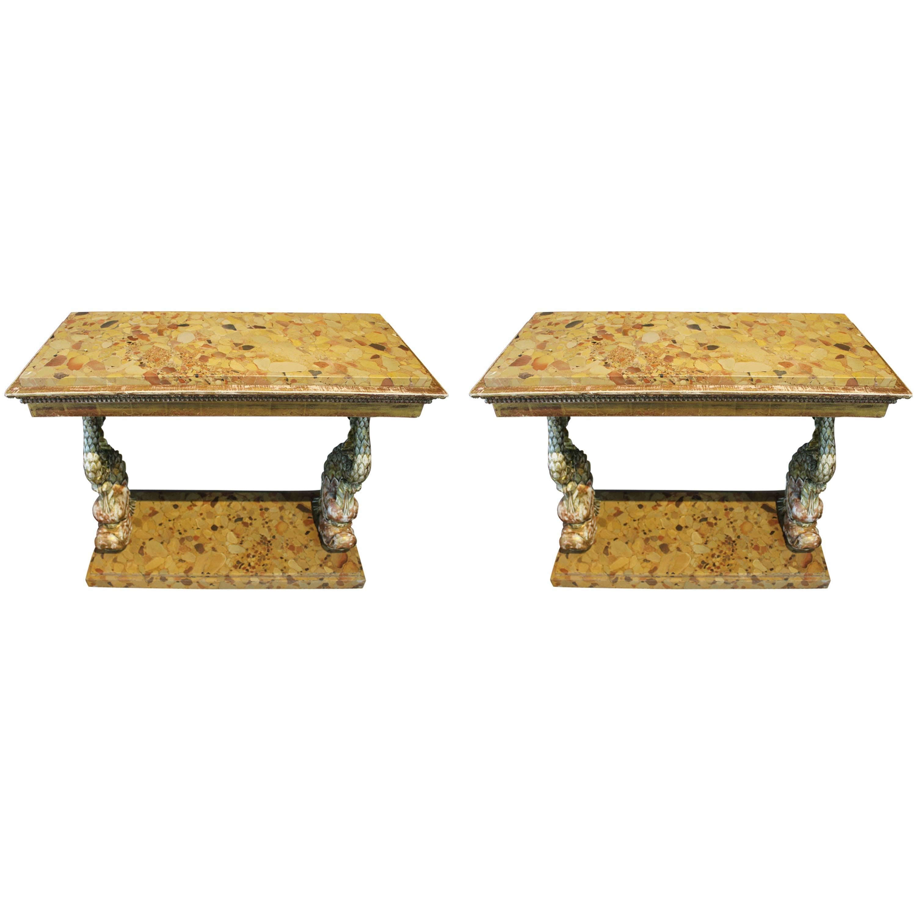 19th Century Pair of Dolphin Giltwood and Stone Consoles