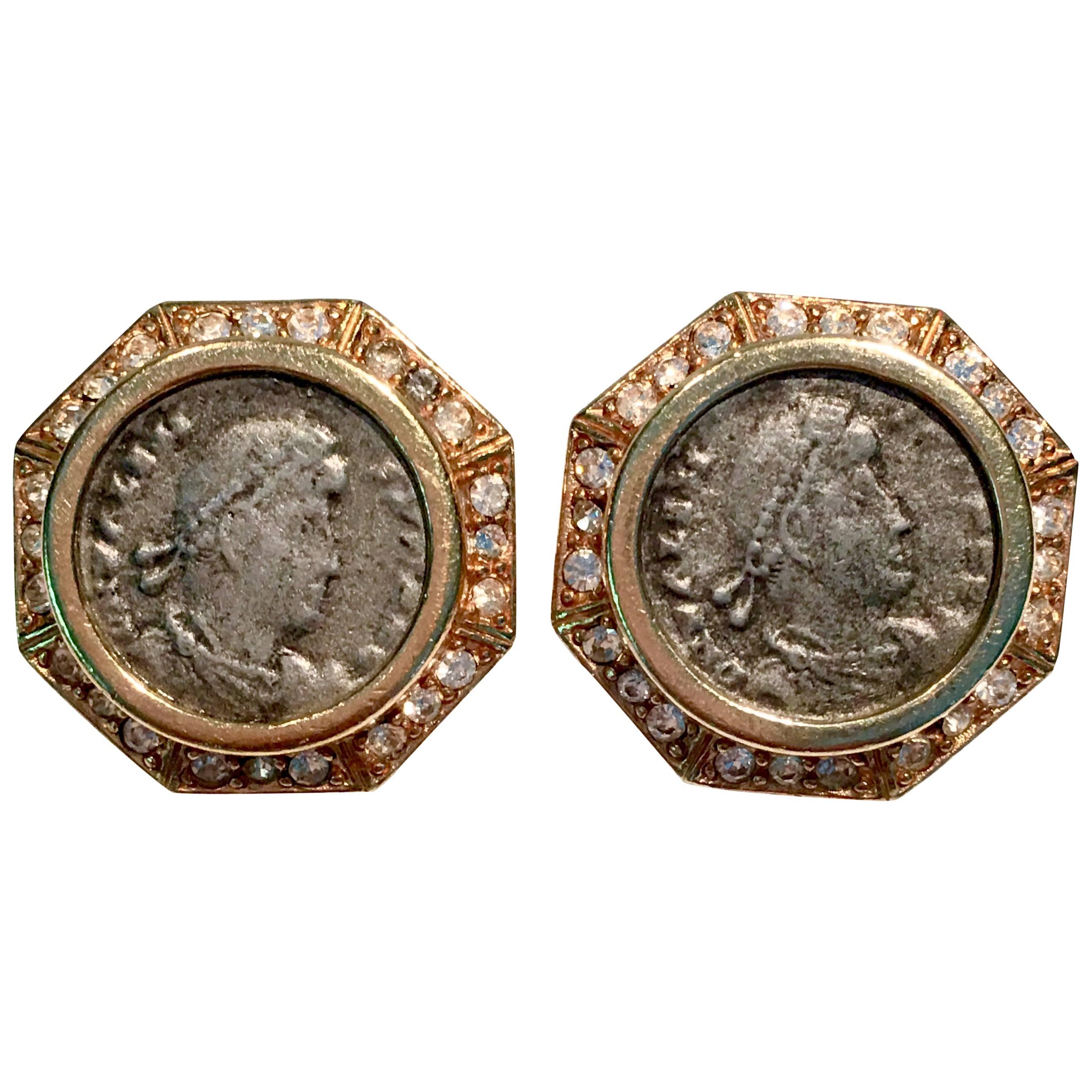 1970s Ciner Gold Roman Coin and Rhinestone Earrings