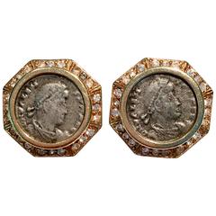 1970s Ciner Gold Roman Coin and Rhinestone Earrings