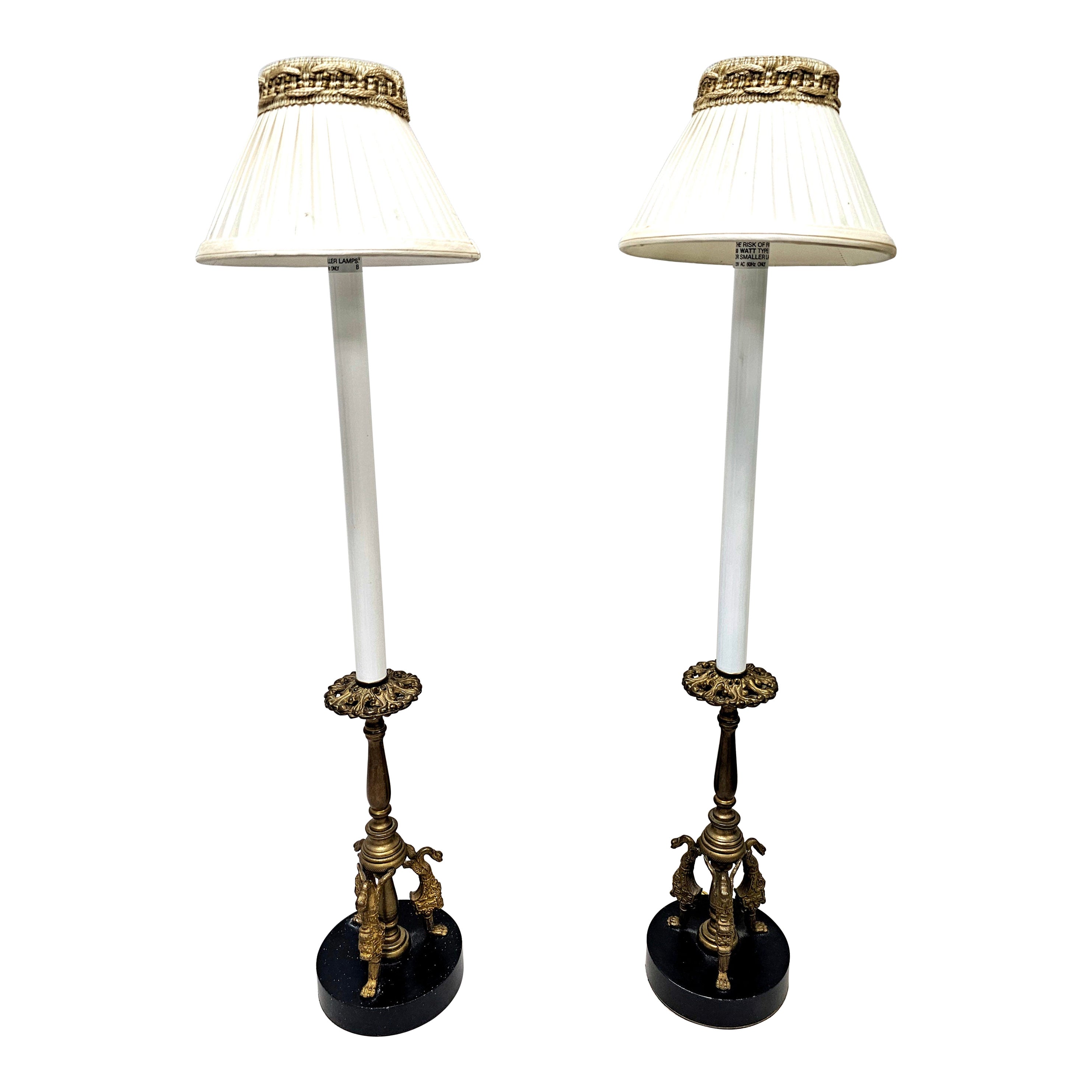 Pair of Egyptian Revival Style Brass Candlestick-Form Buffet  or Table Lamps For Sale
