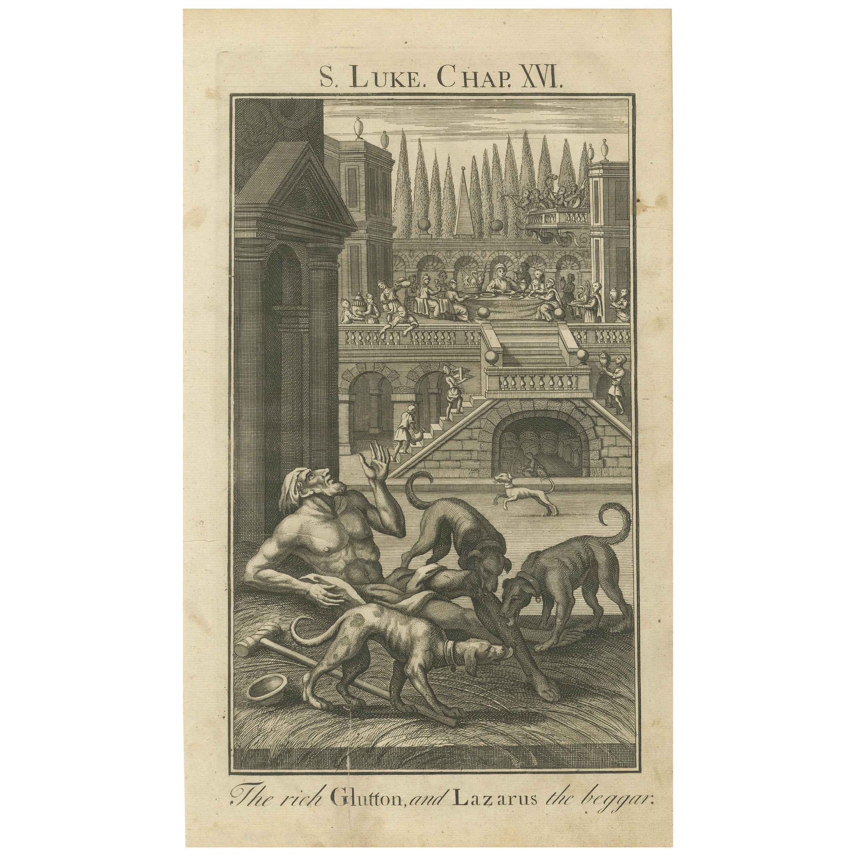 The Rich Glutton and Lazarus Engraving – Luke XVI Biblical Scene 1735