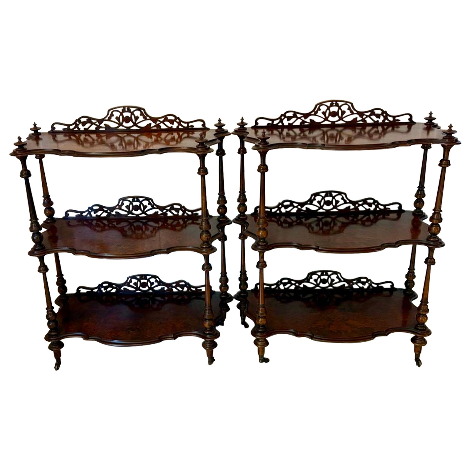 Unusual Pair of Antique Victorian Quality Burr Walnut Whatnots For Sale