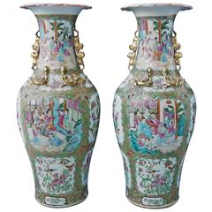 Large Pair of Famille Rose Vases with Foo Dog Handles