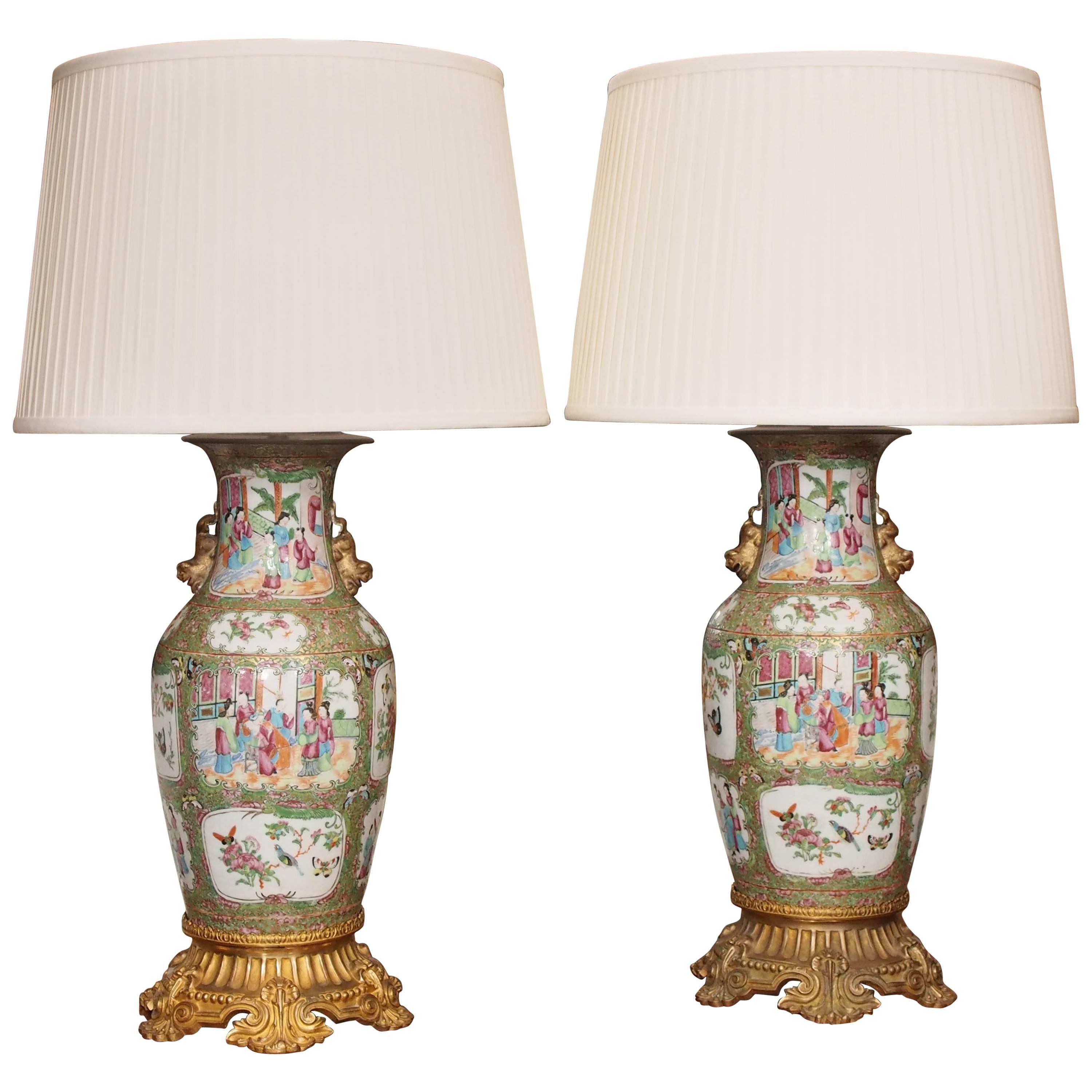 Pair of Chinese Famille Rose Vase with Gilt Bronze Mounts Now as Lamps For Sale