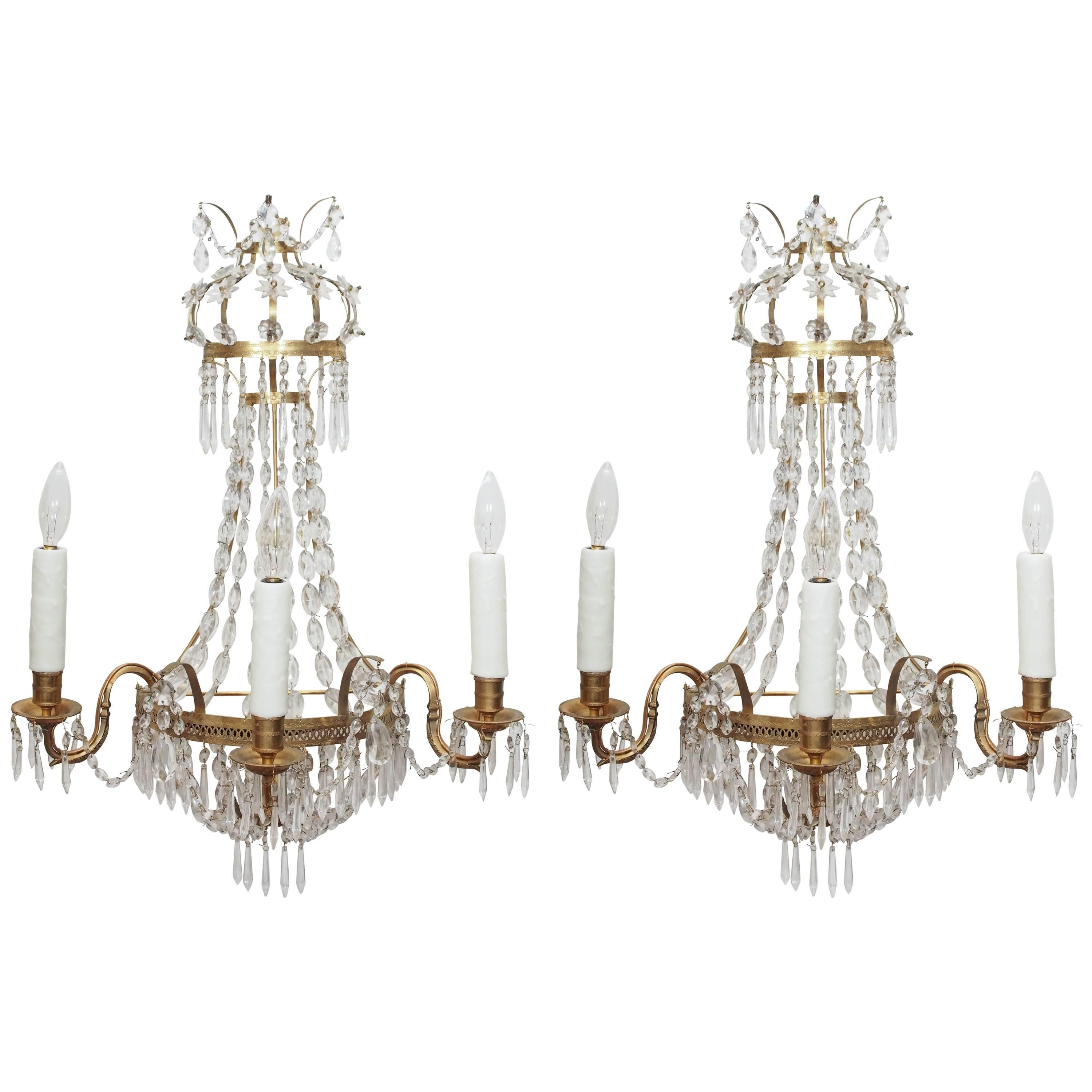 Pair of Italian Empire Style Brass and Crystal Wall Sconces