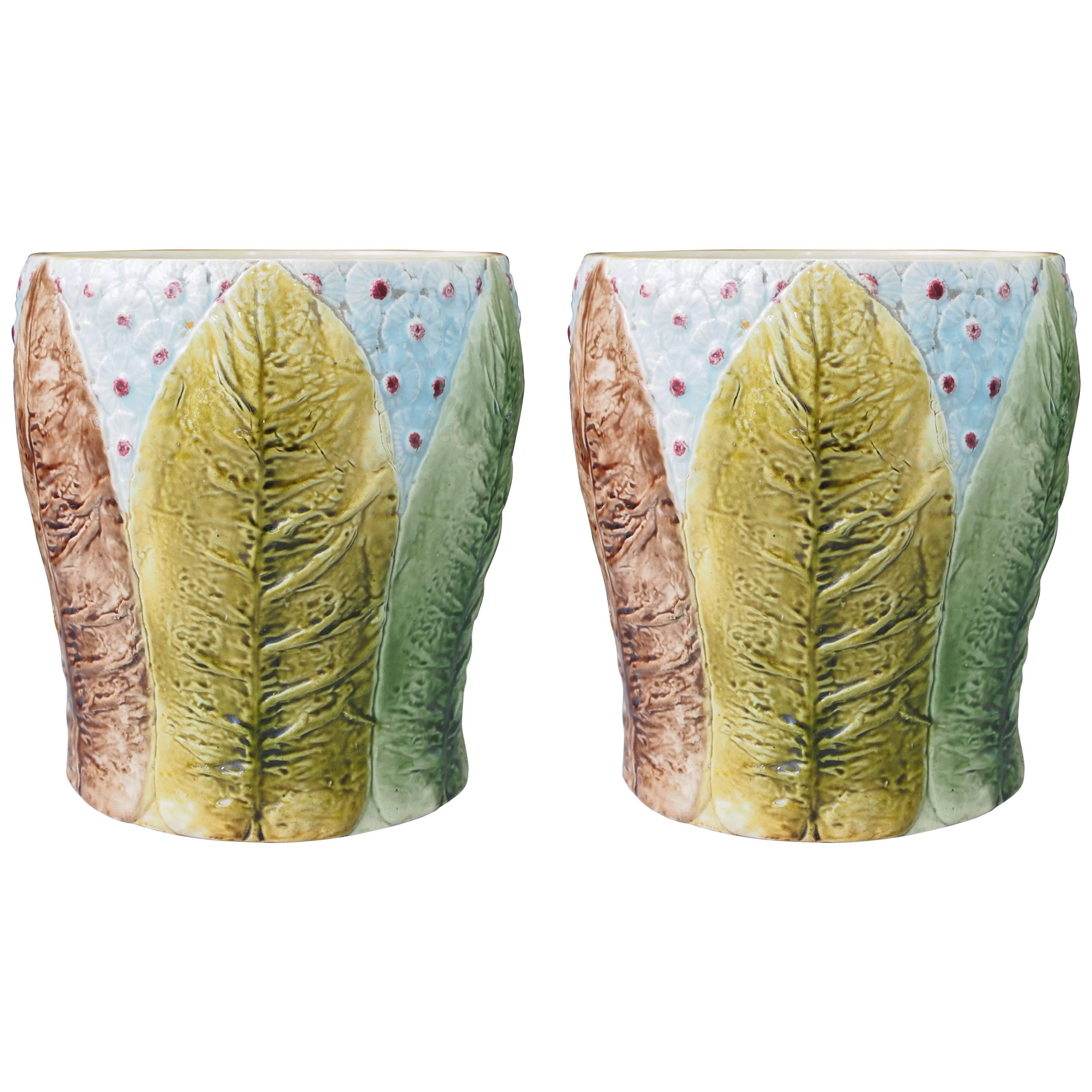Pair of French Majolica Jardiniere in Tobacco Leaf Pattern