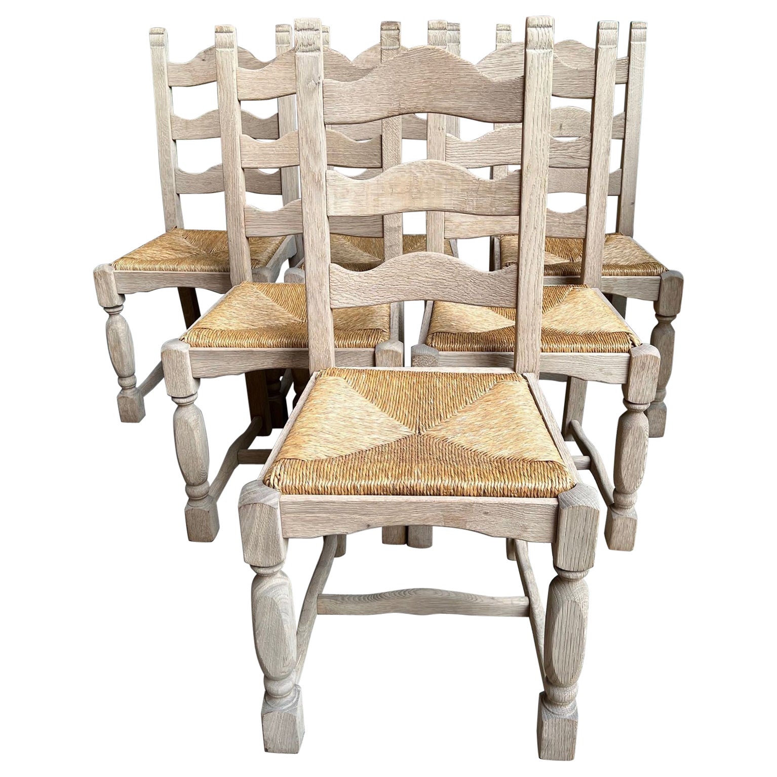 Set 6 chaises de salle à manger vintage à dossier en échelle assise en jonc chêne blanchi Farmhouse