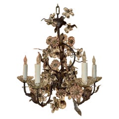 Antique Petite French Iron and Crystal Chandelier with Pink Flowers