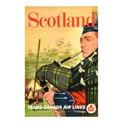 Original Retro Travel Poster Scotland Trans Canada Airlines TCA Bagpipes