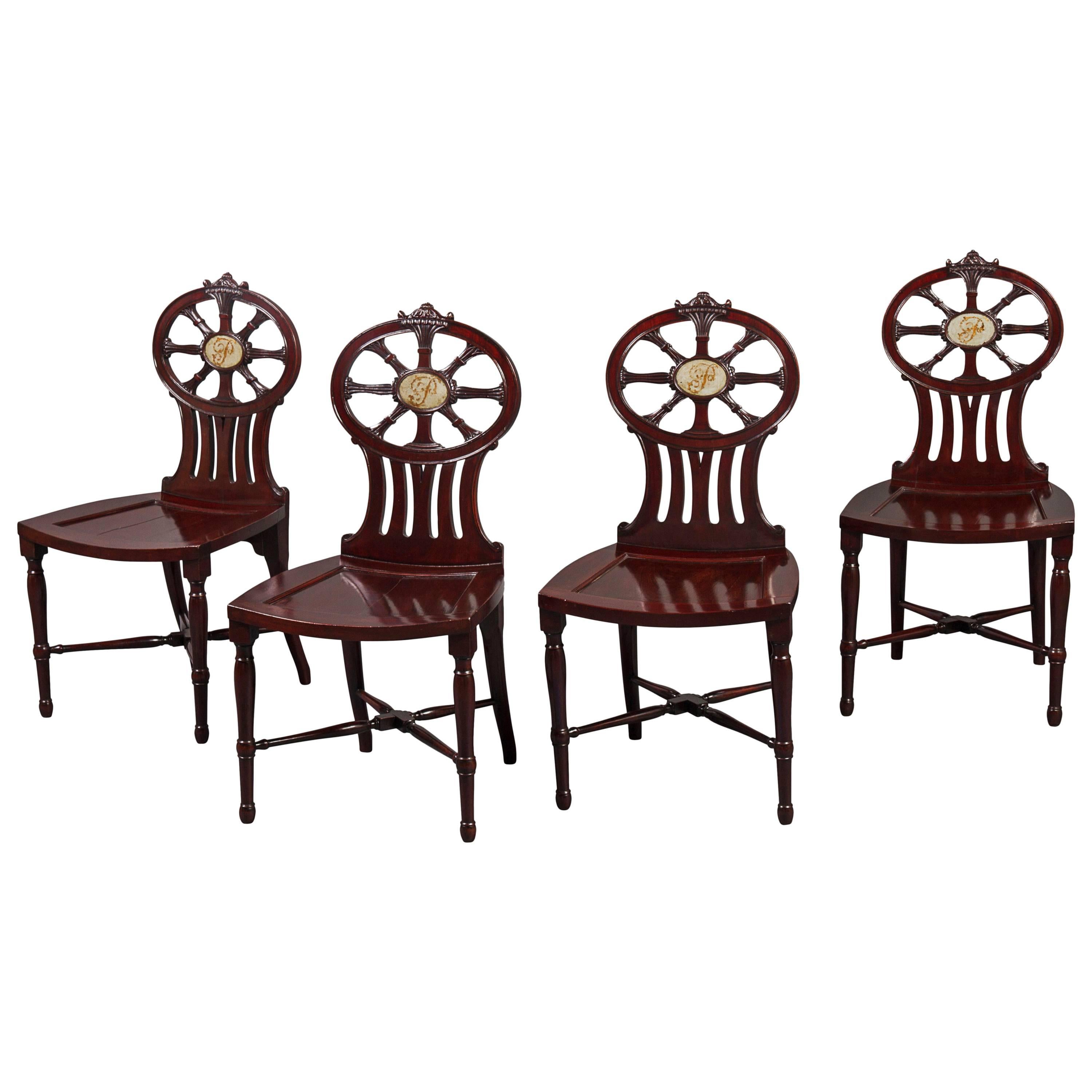 Gillows: Magnificent and Rare Set of Mahogany Hall Chairs, circa 1790 For Sale