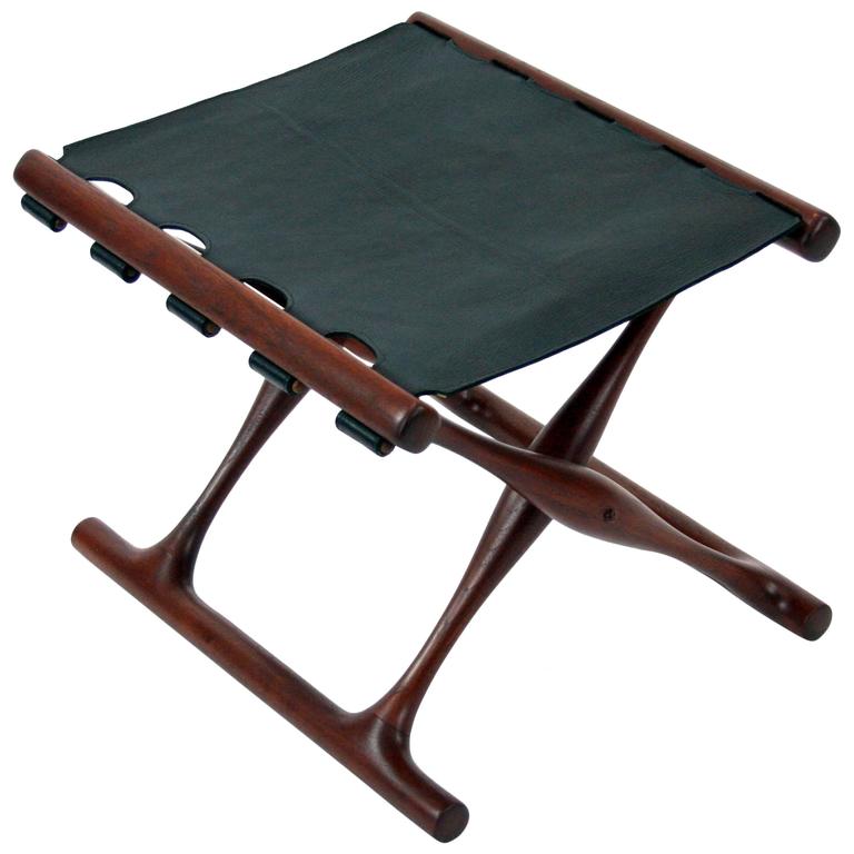 Poul Hundevad "Guldhoj" Teak and Black Leather Folding Stool at 1stDibs