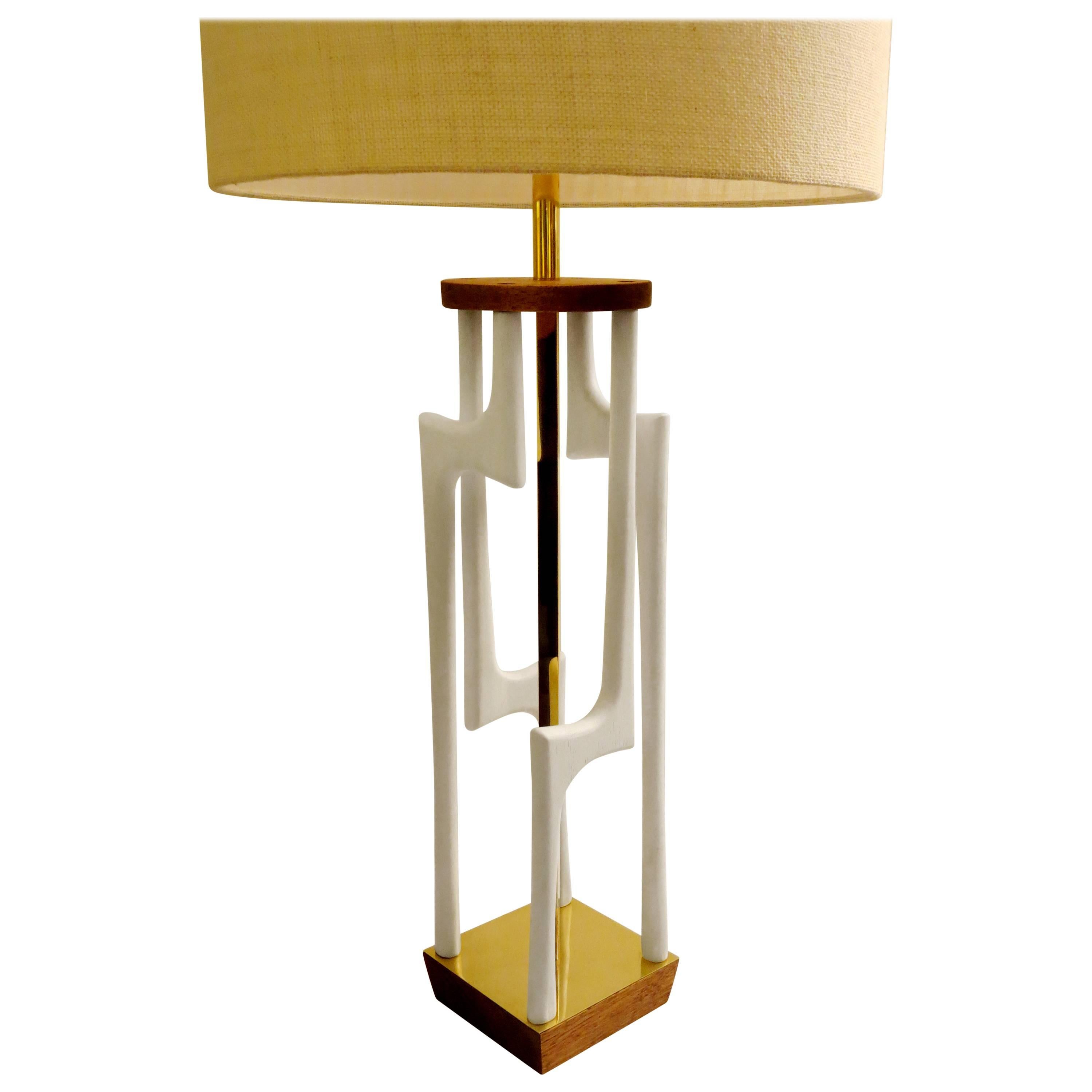1950s Mid-Century Tall Sculpted Free-Form Wood with Brass Accents Table Lamp