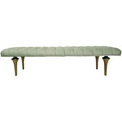 Hollywood Regency Style Tufted Bench with Tappered Solid Brass Legs