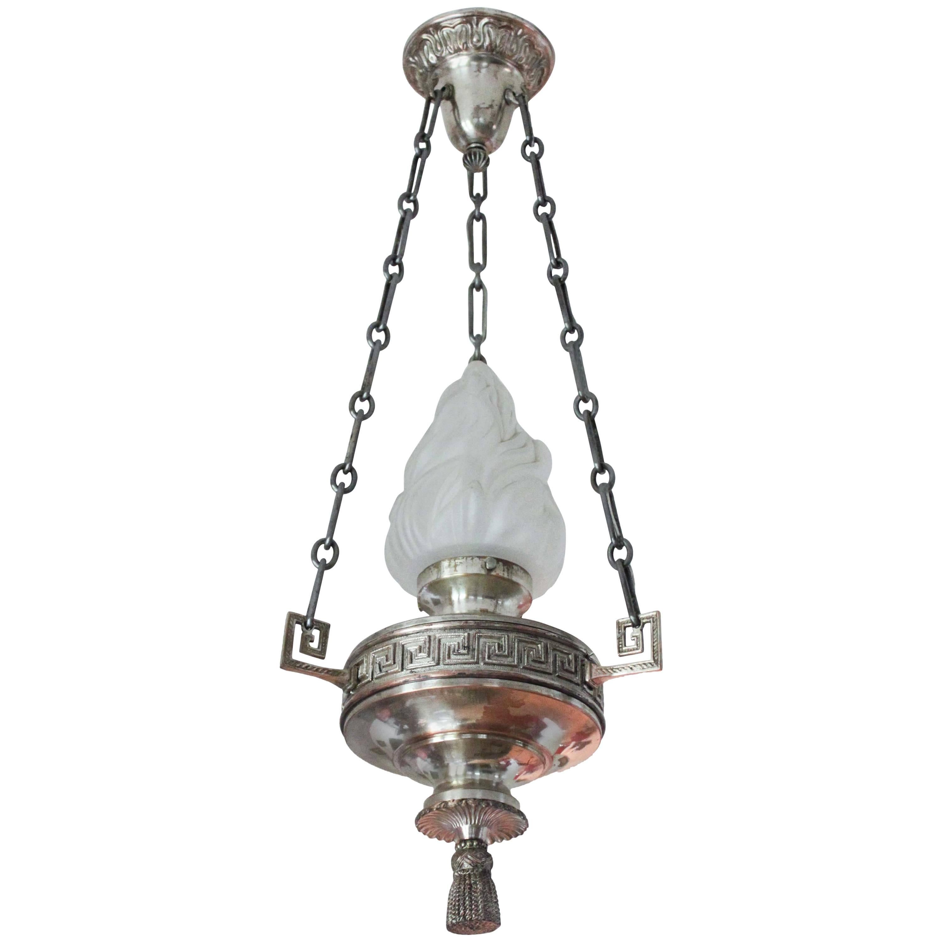 Antique Sanctuary Pendant Light with Flame Shade For Sale