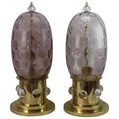 Pair of Soft Purple, Textured Murano Glass Lamps on Top of a Copper Foot