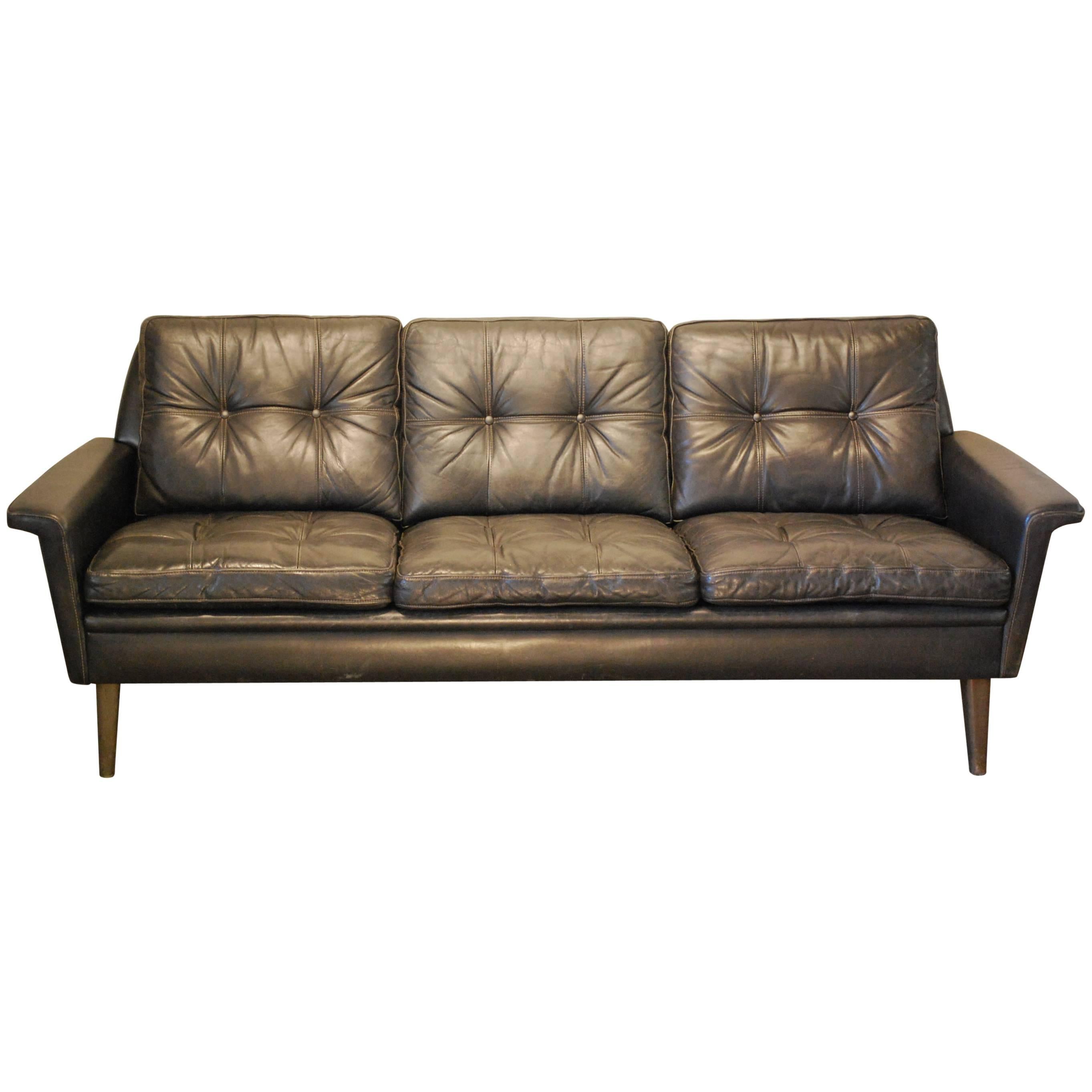 Hans Olsen Designed Danish Mid-Century Modern Sofa in Black Leather