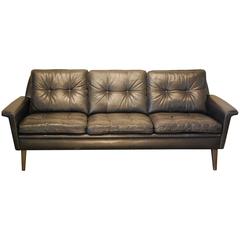 Hans Olsen Designed Danish Mid-Century Modern Sofa in Black Leather