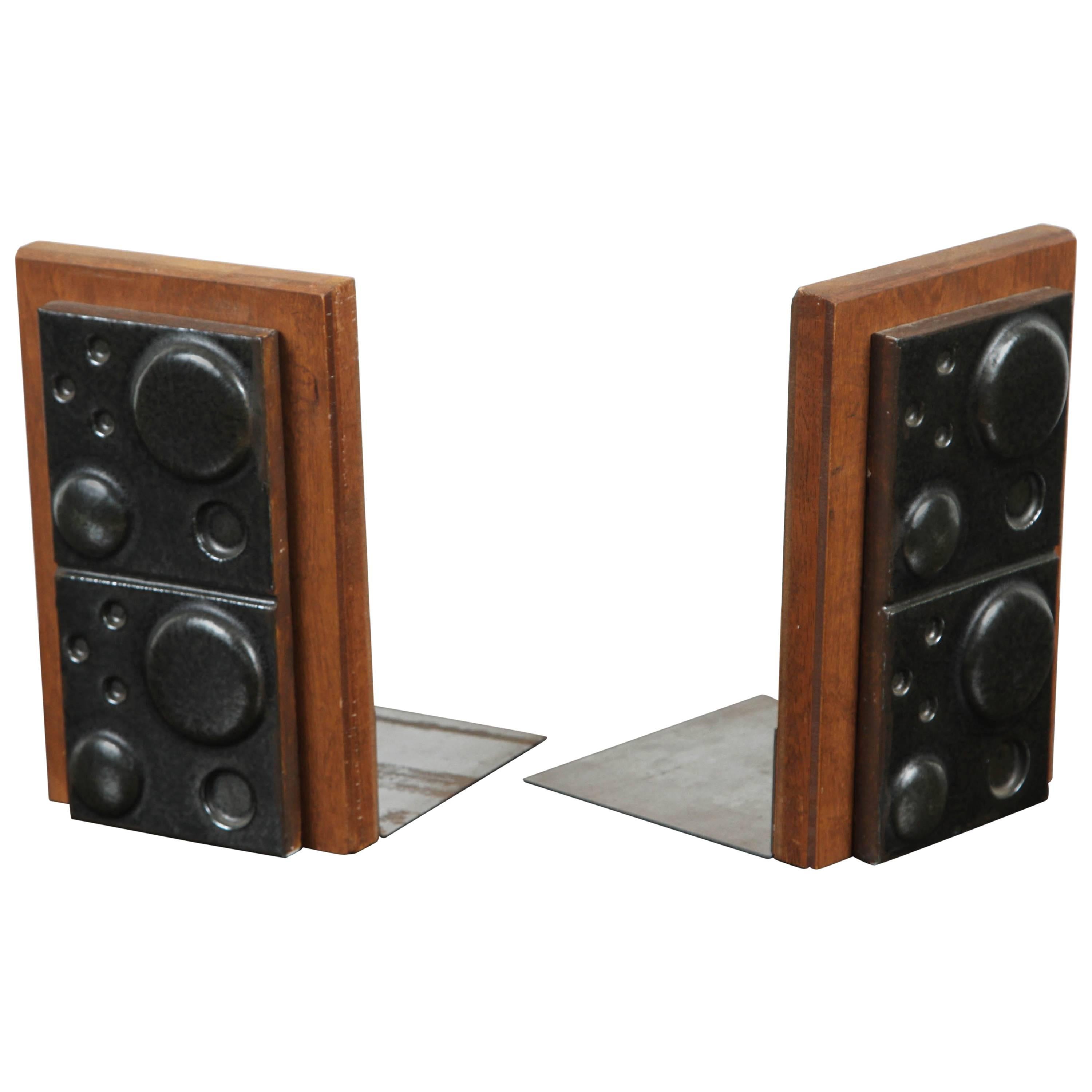 Black Ceramic and Teak Bookends by Martz