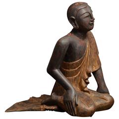 Late 18thC. Thai Parcel Gilt Wood Seated Monk in Contemplation