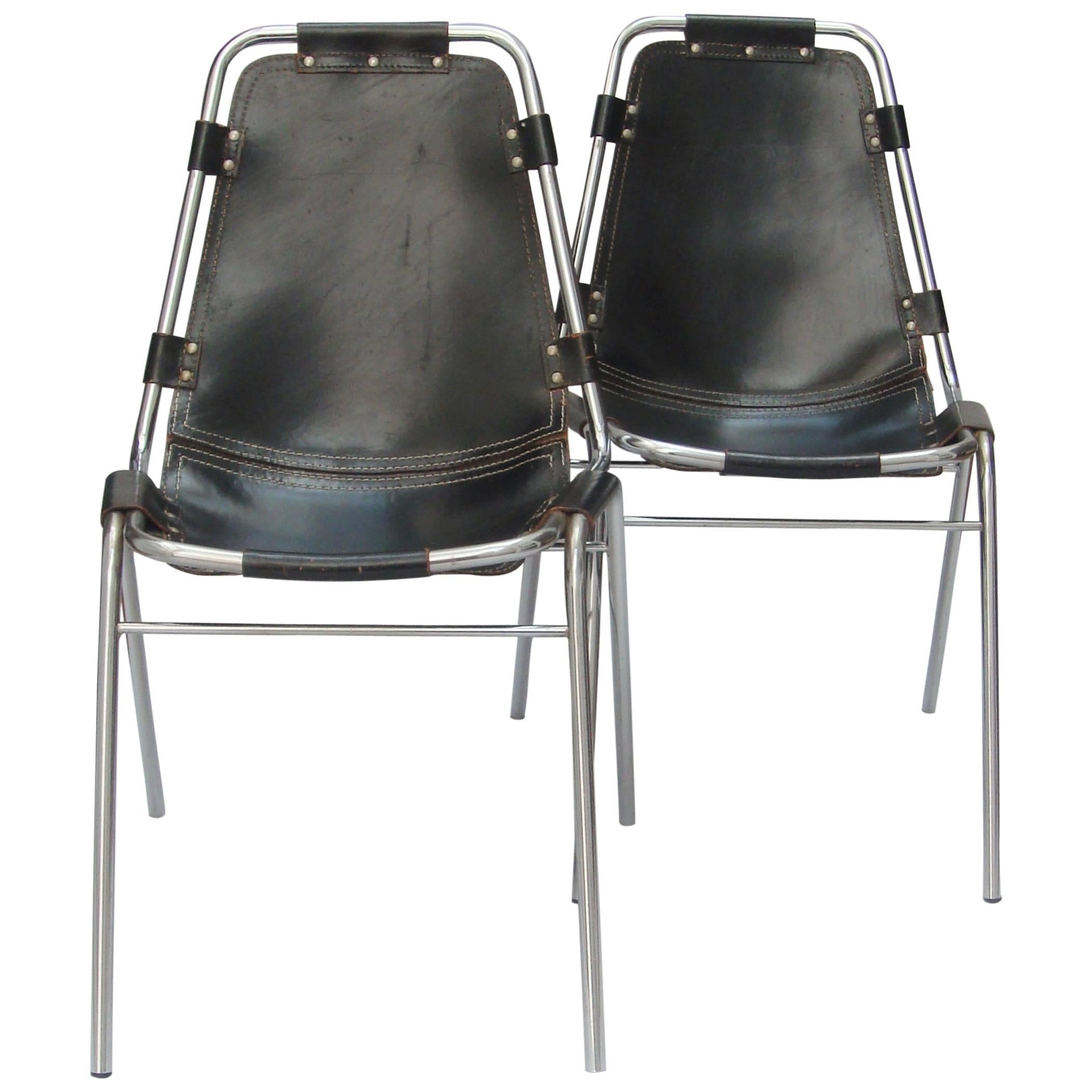 Pair of Black Leather Les Arcs Chairs 