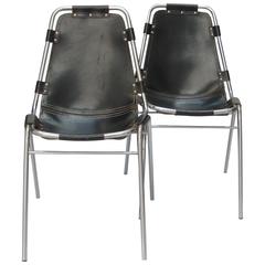 Pair of Black Leather Les Arcs Chairs