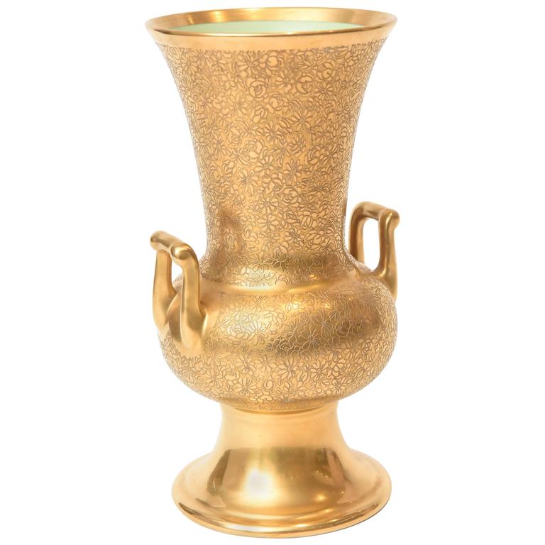 Antique AllOver 24Karat Gold Acid Etched Handel Vase with Light Green