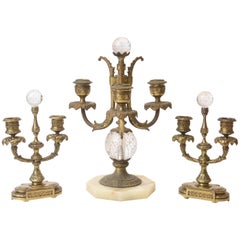 Elaborate Gilt Metal And Crystal Three-Piece Table Top Centerpiece Set