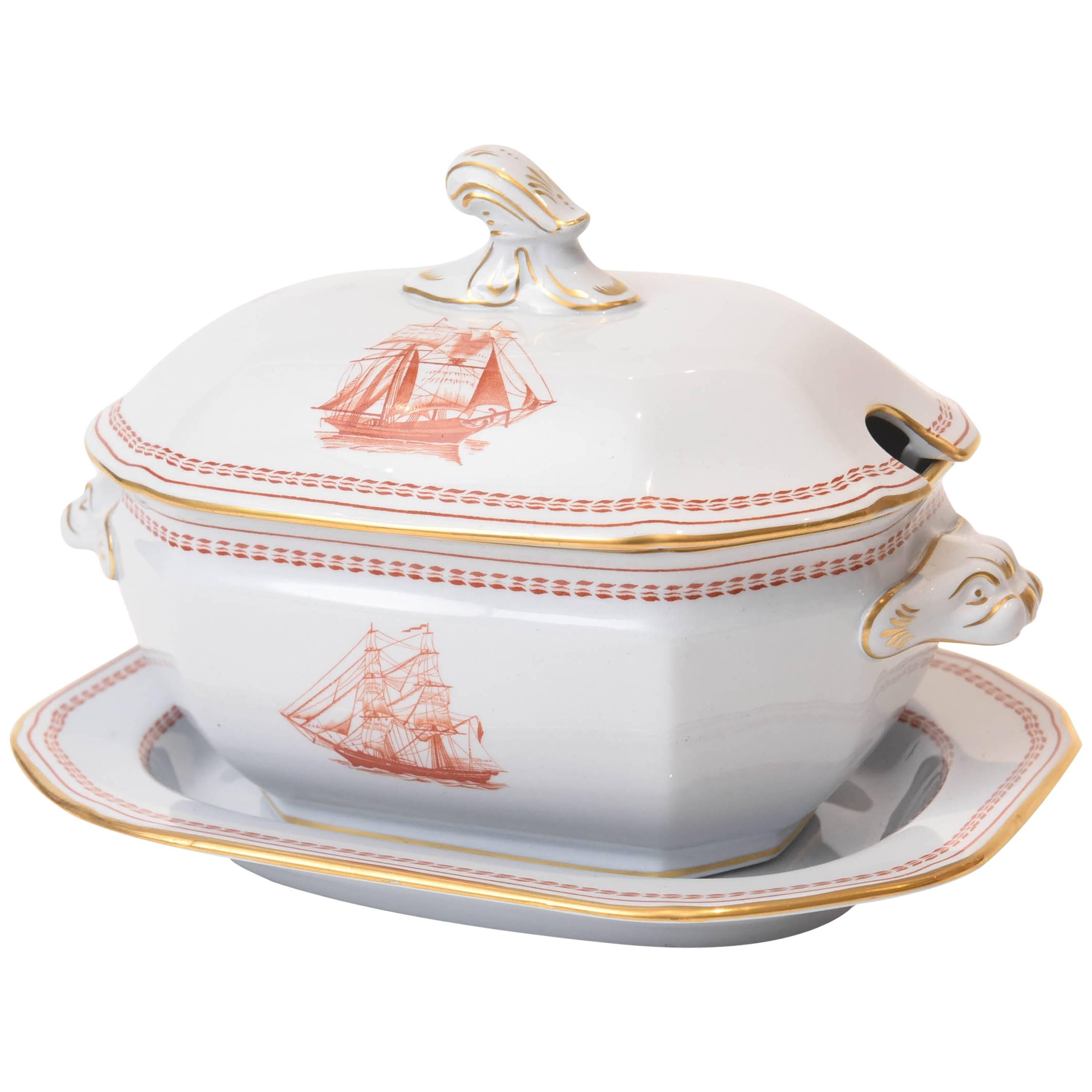 Spode Tradewinds Clipper Ship Red Chinese Export Style Sauce Tureen and Stand