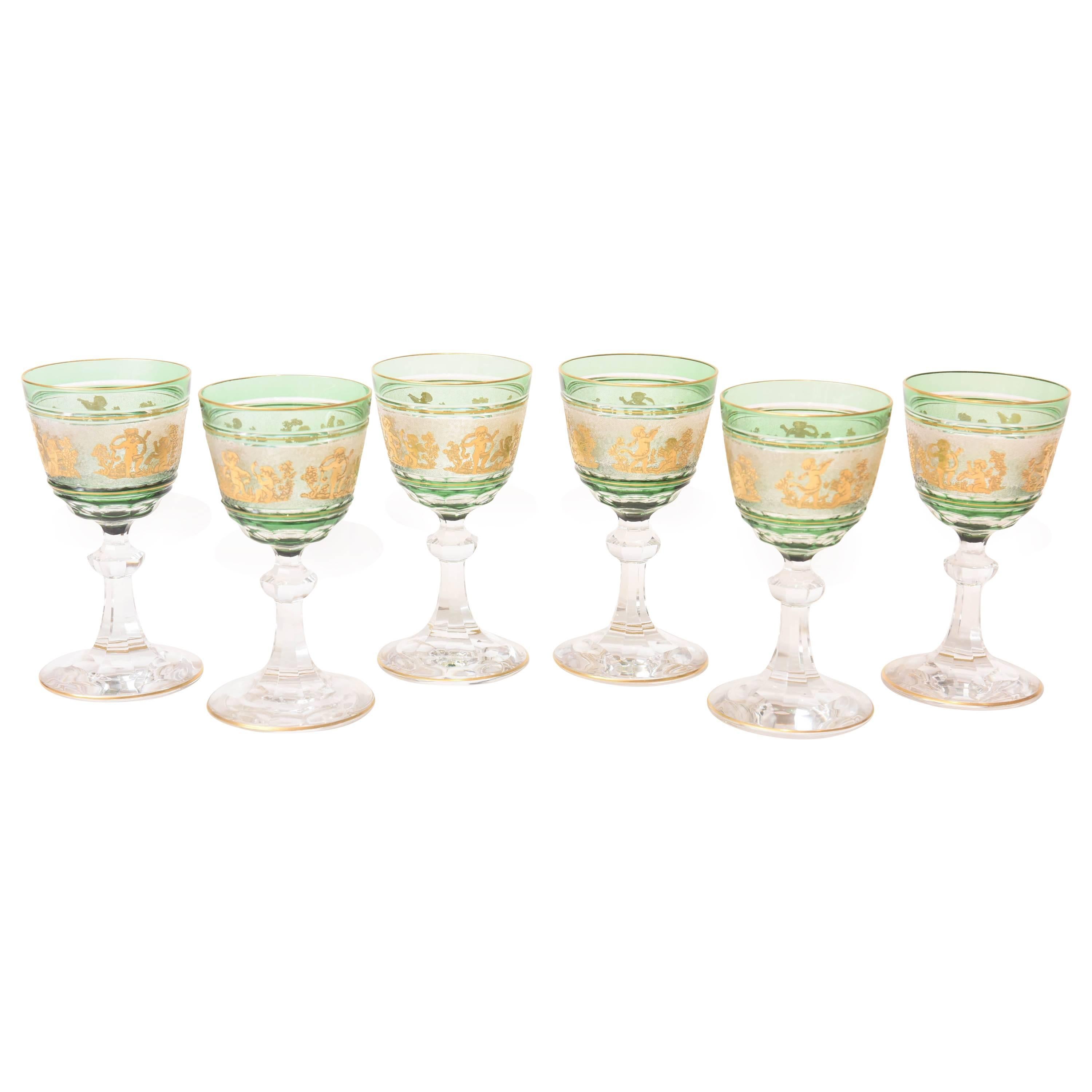 Set of Six Val St Lambert Green and Gold Cameo Figures Fine Crystal Wine Glasses