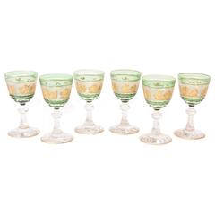 Set of Six Val St Lambert Green and Gold Cameo Figures Fine Crystal Wine Glasses