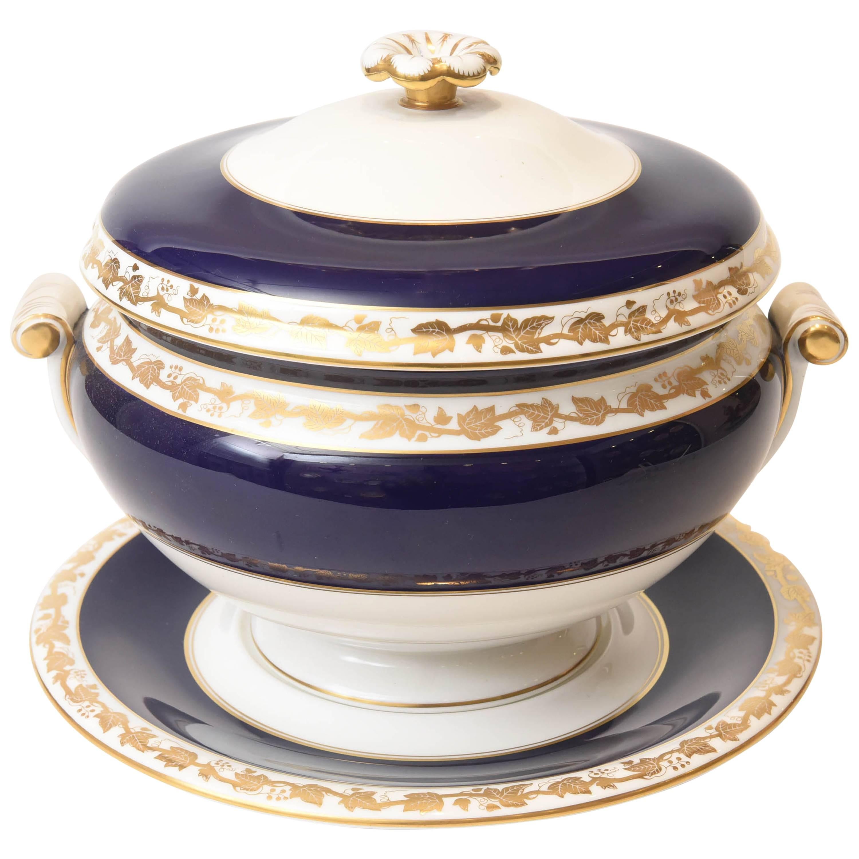 Wedgwood Cobalt Blue Soup Tureen and Stand, "Whitehall" Three-Piece Set