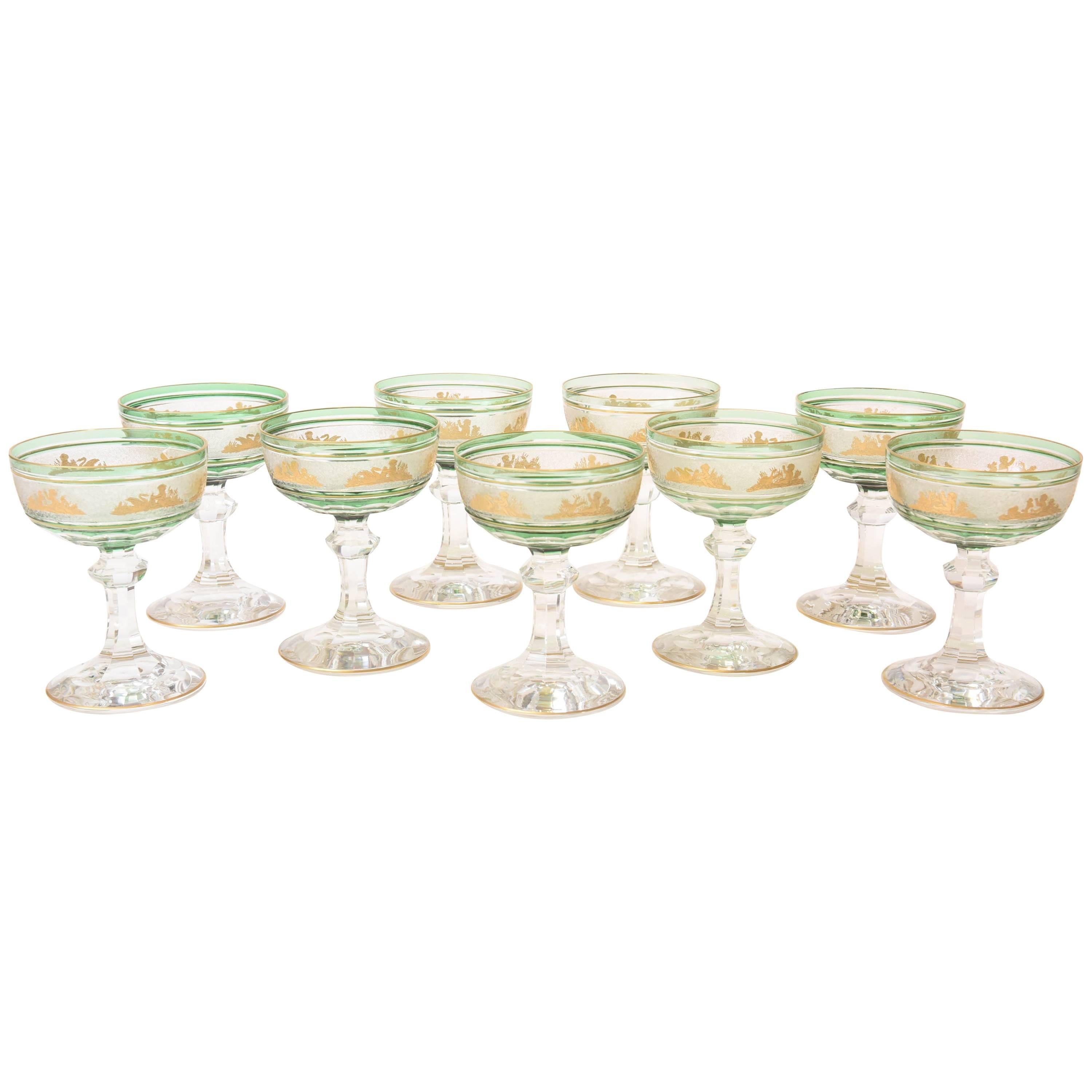 Nine Val Saint Lambert Green and Gilded Cameo Figure Champagne Coupes
