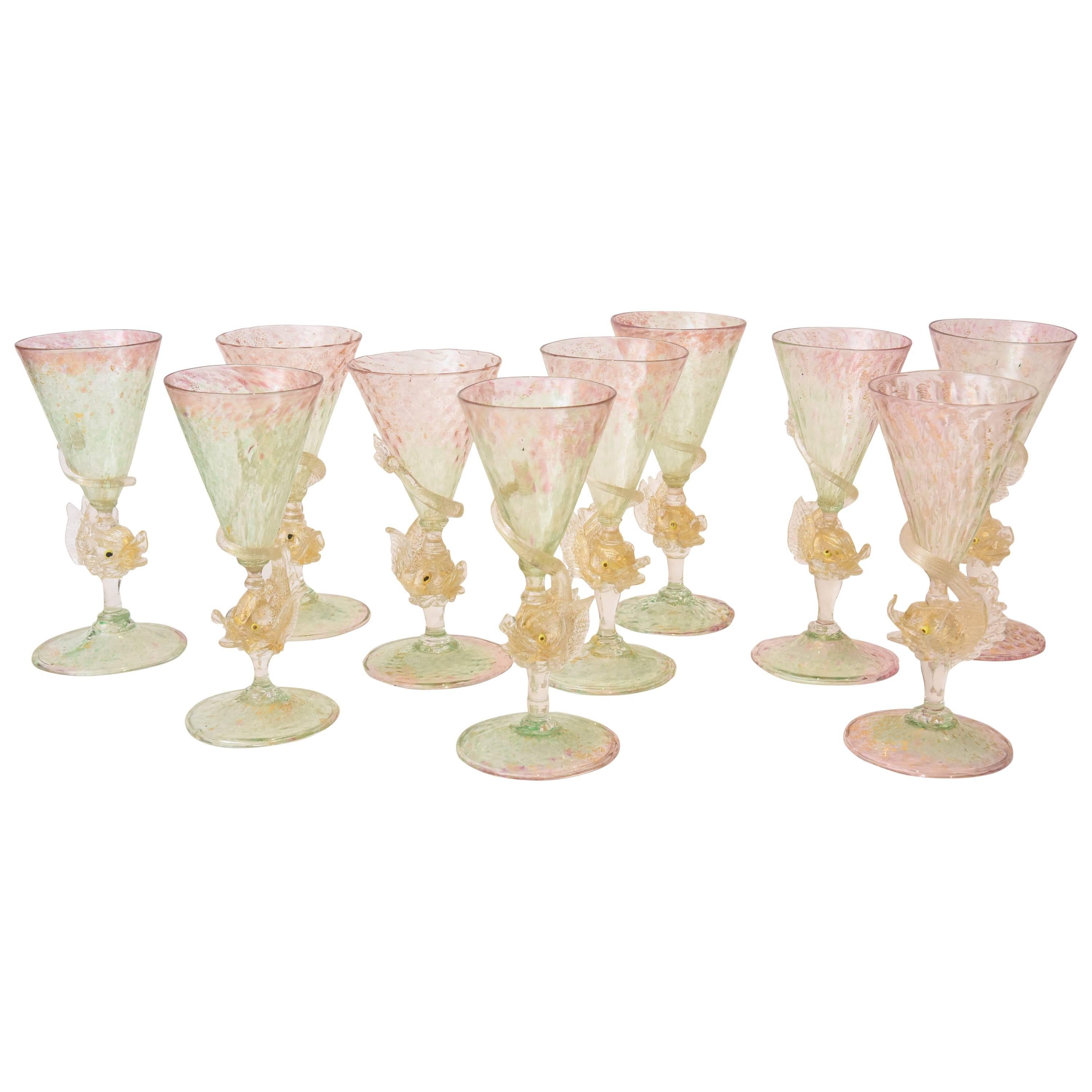 Antique Venetian Goblets, Pink-Green with Dolphin Figural Stems. Sold Individual