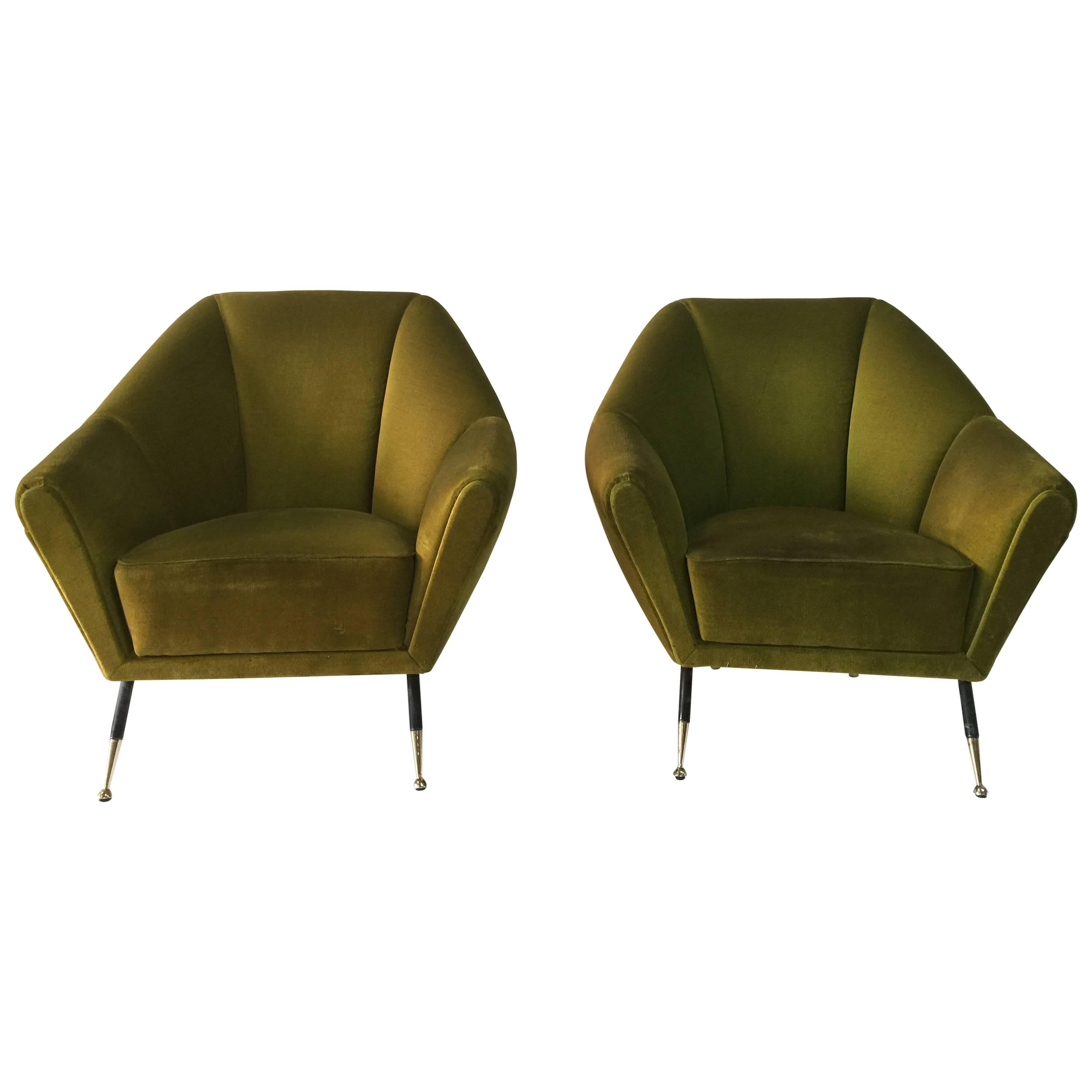Vintage Green Velvet Geometrical-Shaped Italian Armchairs
